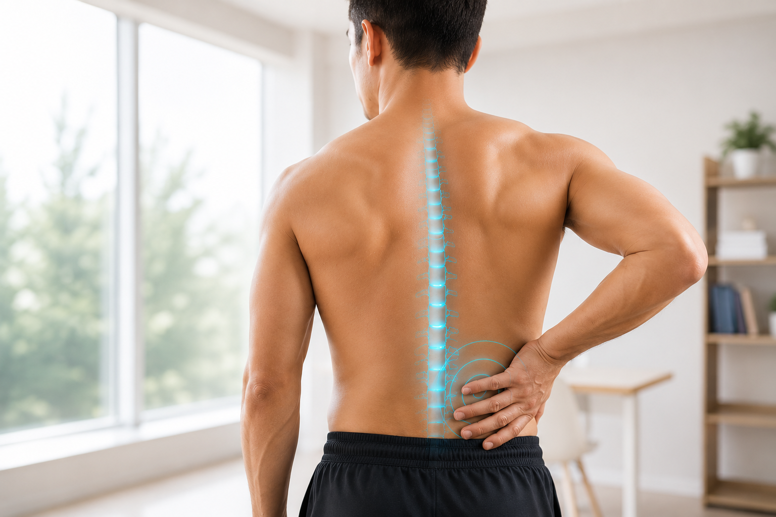 Adult wearing the Calm Core Pro AlignFlex back support brace, back view