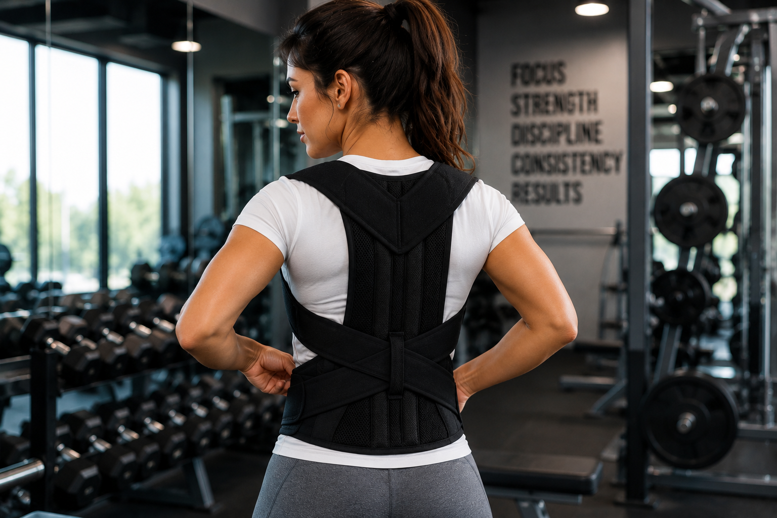 Woman wearing the Calm Core Pro AlignFlex back support at the gym
